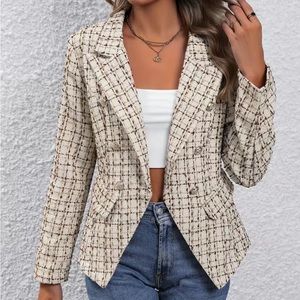Double Breasted Decor Open Front Blazer, Elegant Lapel Slim Long Sleeve Blazer